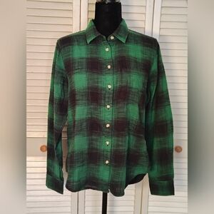 NWT Lucky Brand Green & Black Plaid Button-Down Shirt Size XS